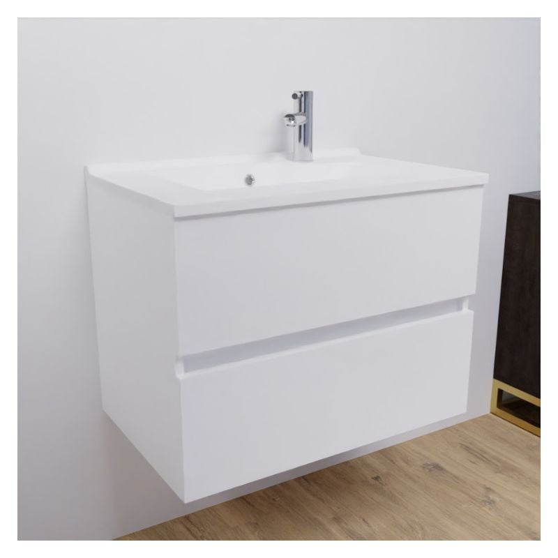 Meuble salle de bain suspendu 70 cm ROSALY | coloris : Blanc | plan vasque : Résine - 2