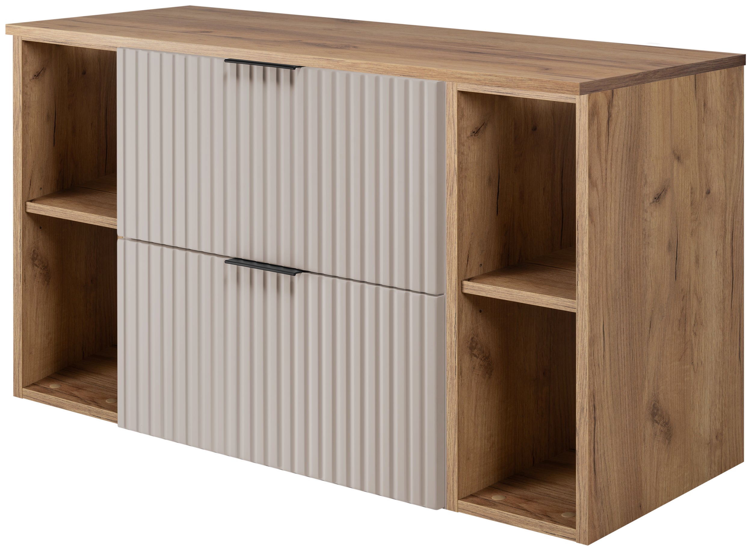 Szafka łazienkowa FLOW 100 cm kaszmir z regałami dąb craft blat ryflowany front