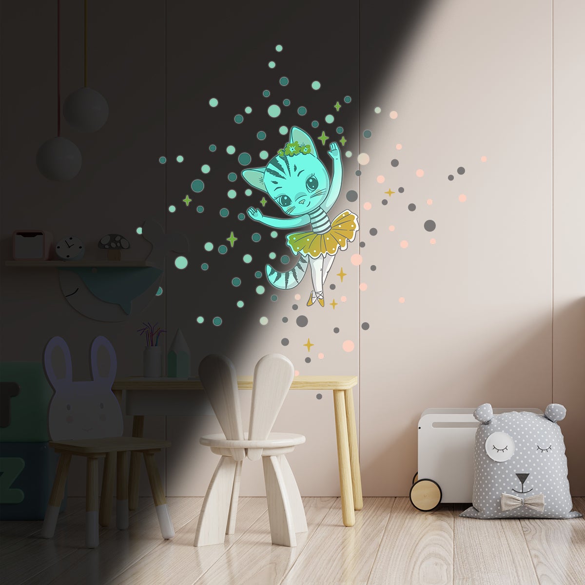 Adesivos fosforescente gatto ballerina + 100 cerchi colorati - Sticker adesivo - adesivi murali - 80x50cm - 6