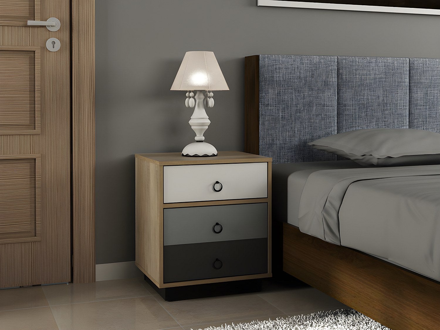 Comodino 1 cassetto e 1 anta Naturale, Bianco e Grigio - Lotto di 2 - KRYPTON - 2