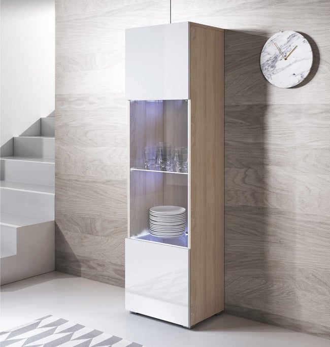 Vitrina con Patas 2cm | Armario | Mueble de Salón | Vitrina de pared | LED | 1 puerta | 40x167x29cm | Modelo Luke V6 | Sonoma mate y Blanco brillo - 2