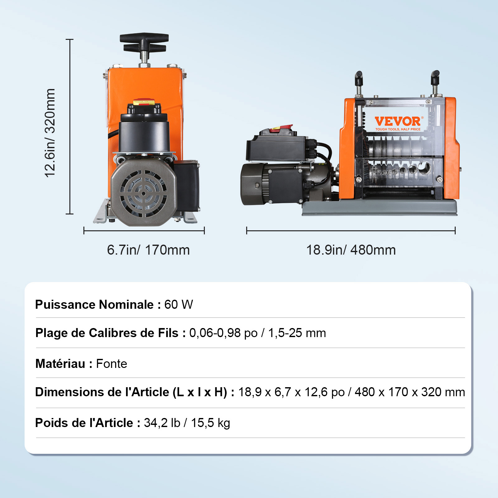 Machine à Dénuder Électrique 60W VEVOR, Dénudeur de Câble 1,5–25 mm, 6 Canaux Ronds + 1 Plat, Réglage Visible pour Recyclage Fil de Cuivre - 7