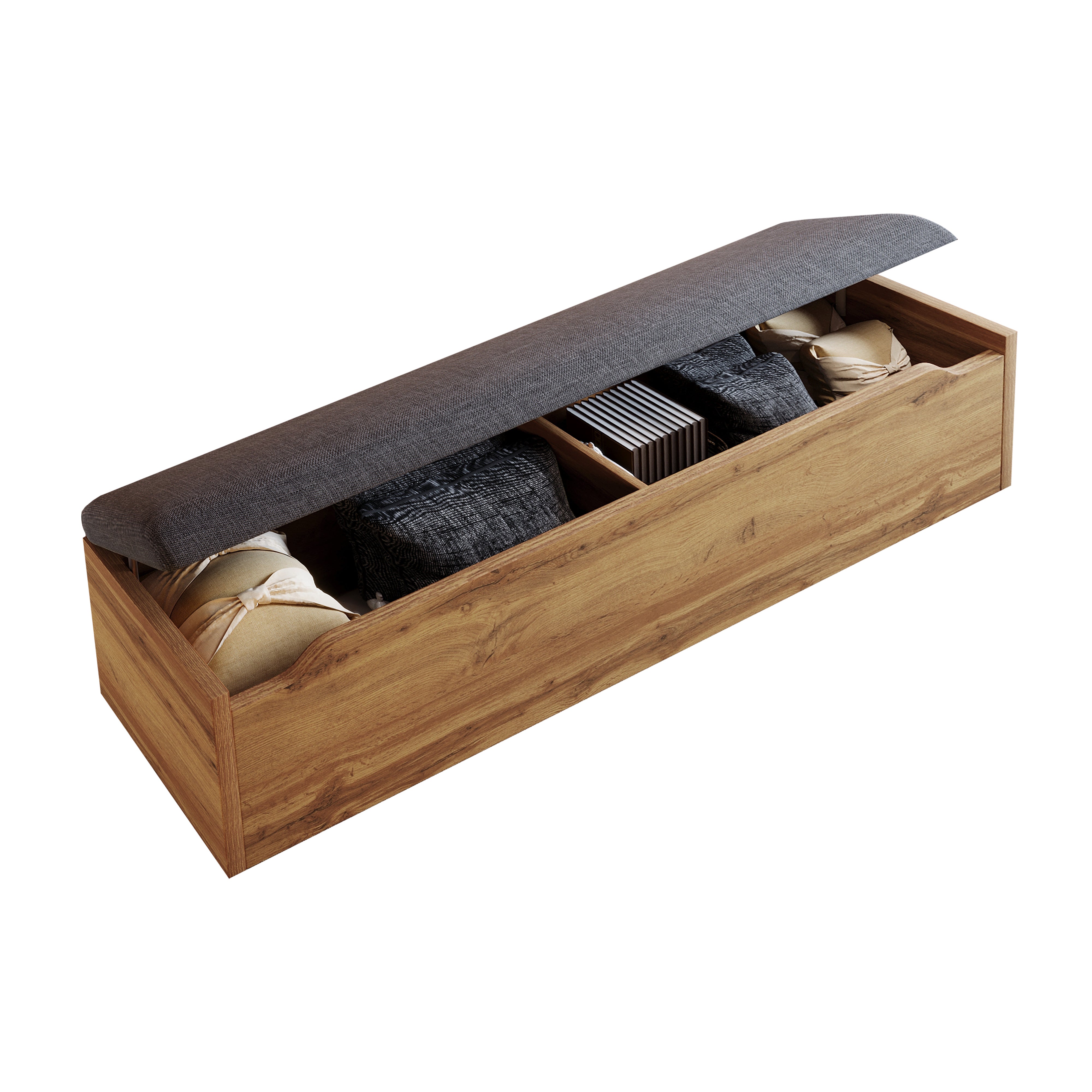 Lit adulte 160×200cm - avec liseuse + prises chargement + banquette de rangement - avec sommier en métal - Naturel - 8