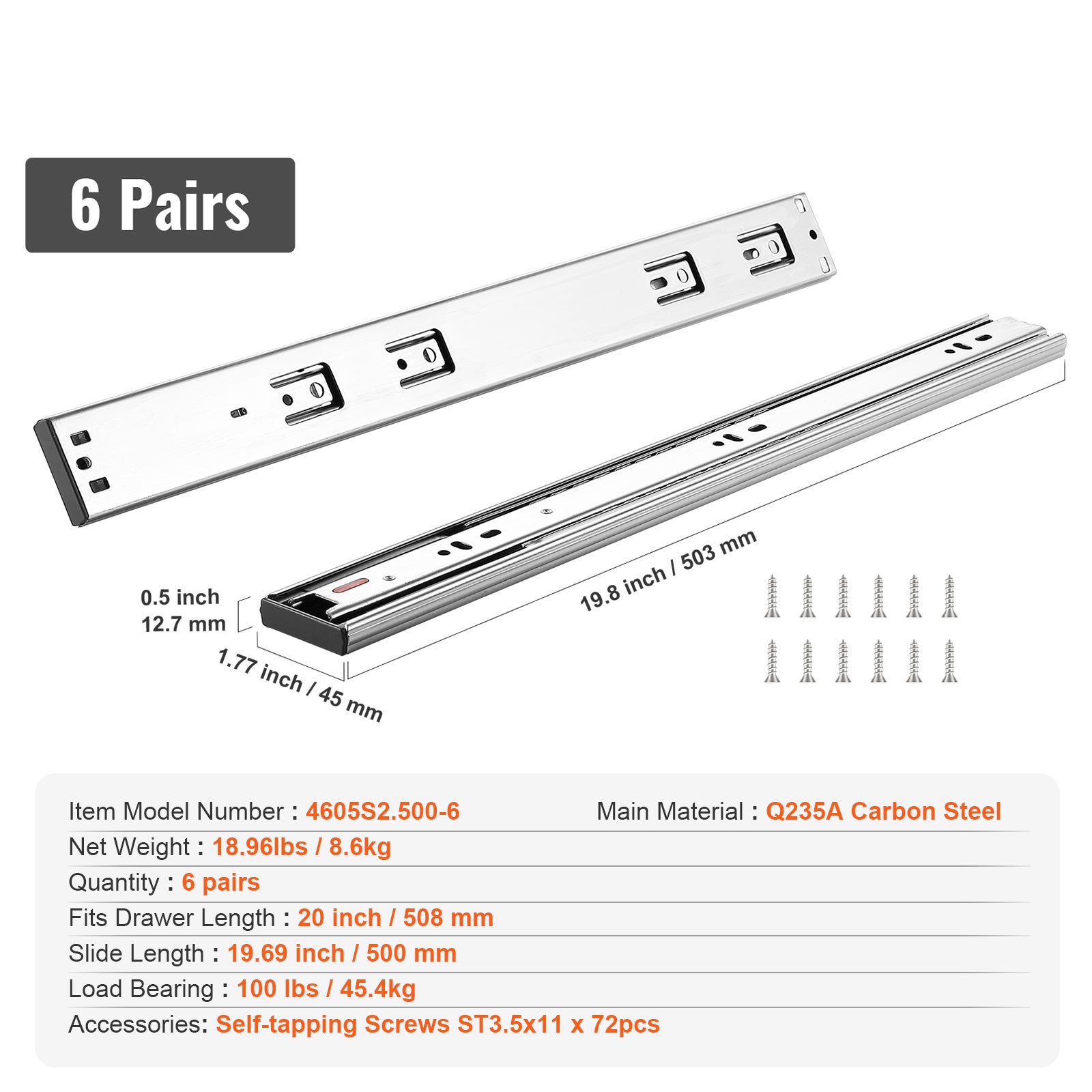 Glissières de tiroir SucceBuy à extension complète, lot de 6 paires, 508 mm, rails latéraux en acier robuste, capacité 100 lb - 9