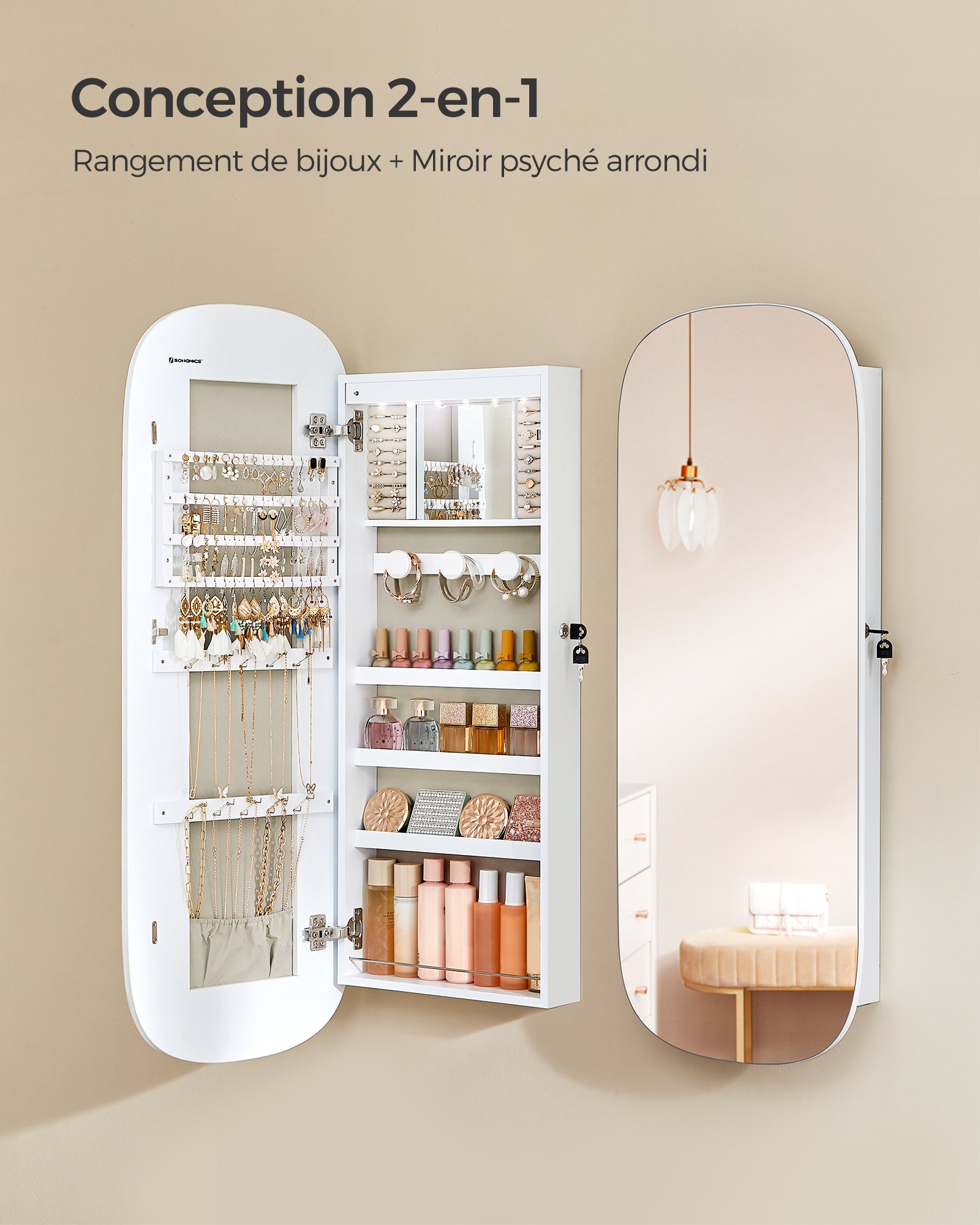 Armoire à Bijoux, Miroir Mural avec LED et Serrure, Surface Blanche et Doublure Grise Beige - 3