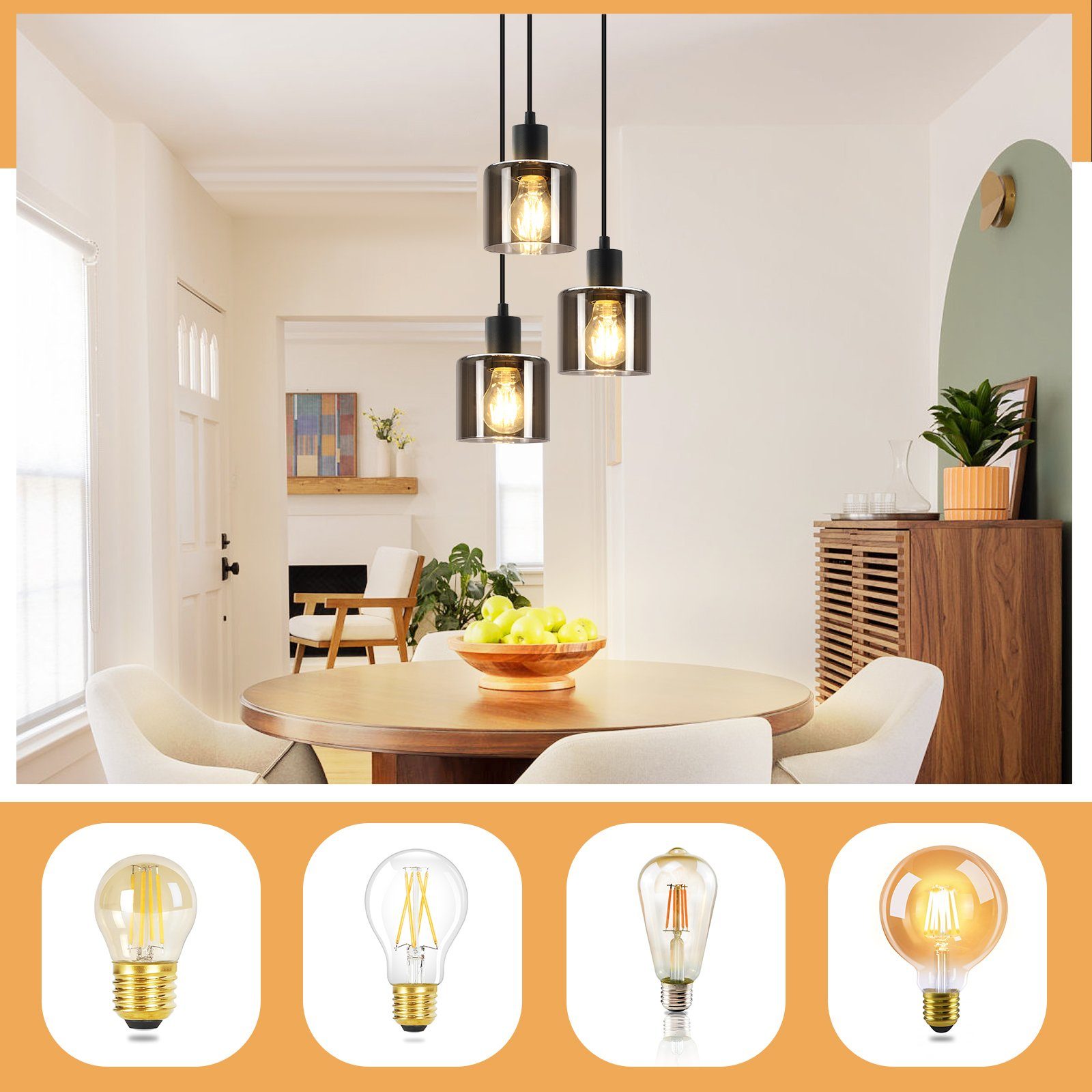 NETTLIFE Suspension Verre Noir Diam.26cm E27 Salon 3 Ampoules Lampe de Salle à Manger Vintage Lampe à Industrielle Réglable en Hauteur - 2