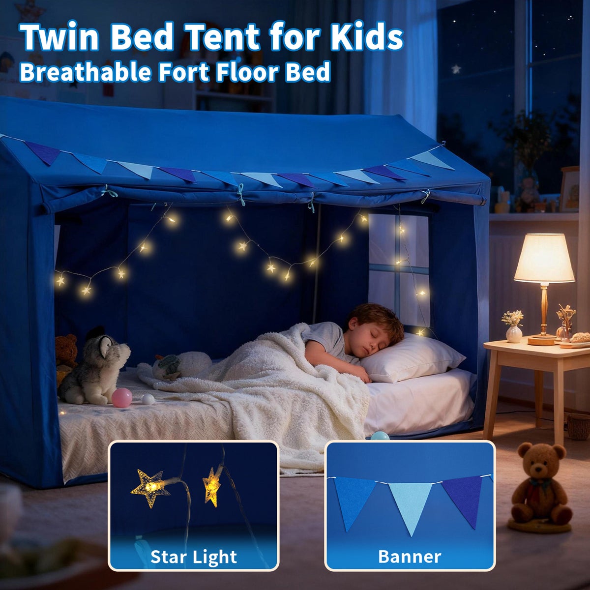 Tente pour lit enfant, cabane princesse avec lumières étoilées, espace privé respirant, tente lecture pour garçons et filles, bleu - 7