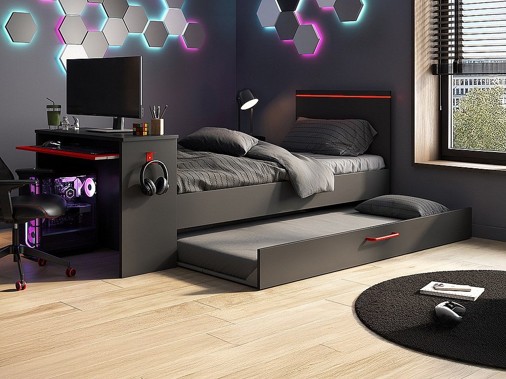 Łóżko wysuwane dla graczy 2 x 90 x 200 - Z biurkiem - Diody LED - Antracyt i czerwień + Stelaż - VOUANI