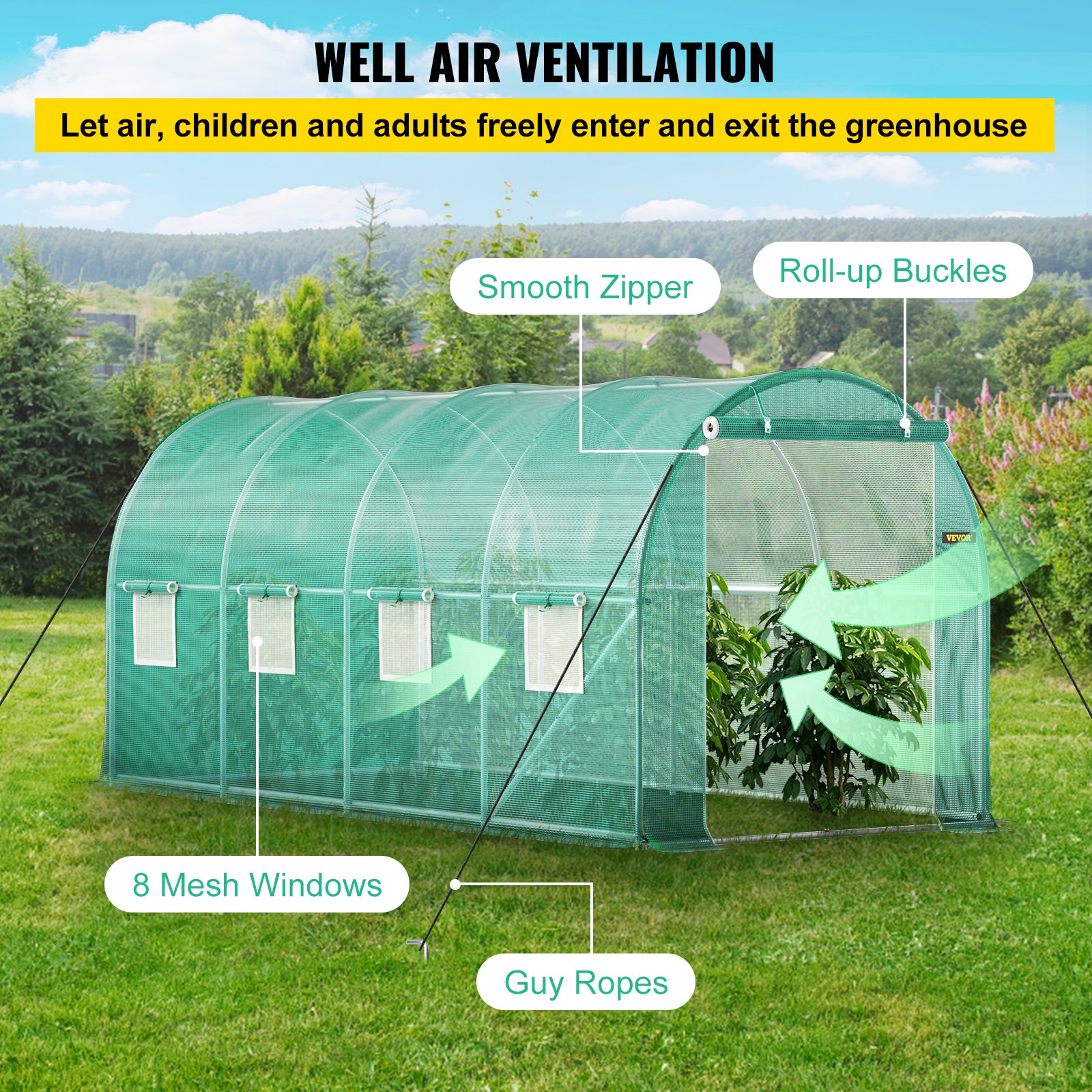 Serre de Jardin Tunnel VEVOR 4,5x2x2 m Bâche PE Renforcée 140 g/m² Armature Acier Galvanisé 8 Ouvertures Latérales Porte Zippée Culture Extérieure - 5