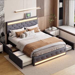 Lit Adulte 140x190 cm avec 4 Tiroirs De Rangement, Éclairage LED, Ports USB, Pu, Noir - Lit double Lit Adulte 140x190 cm avec 4 Tiroirs De Rangement, Éclairage LED, Ports USB, Pu, Noir - Lit double