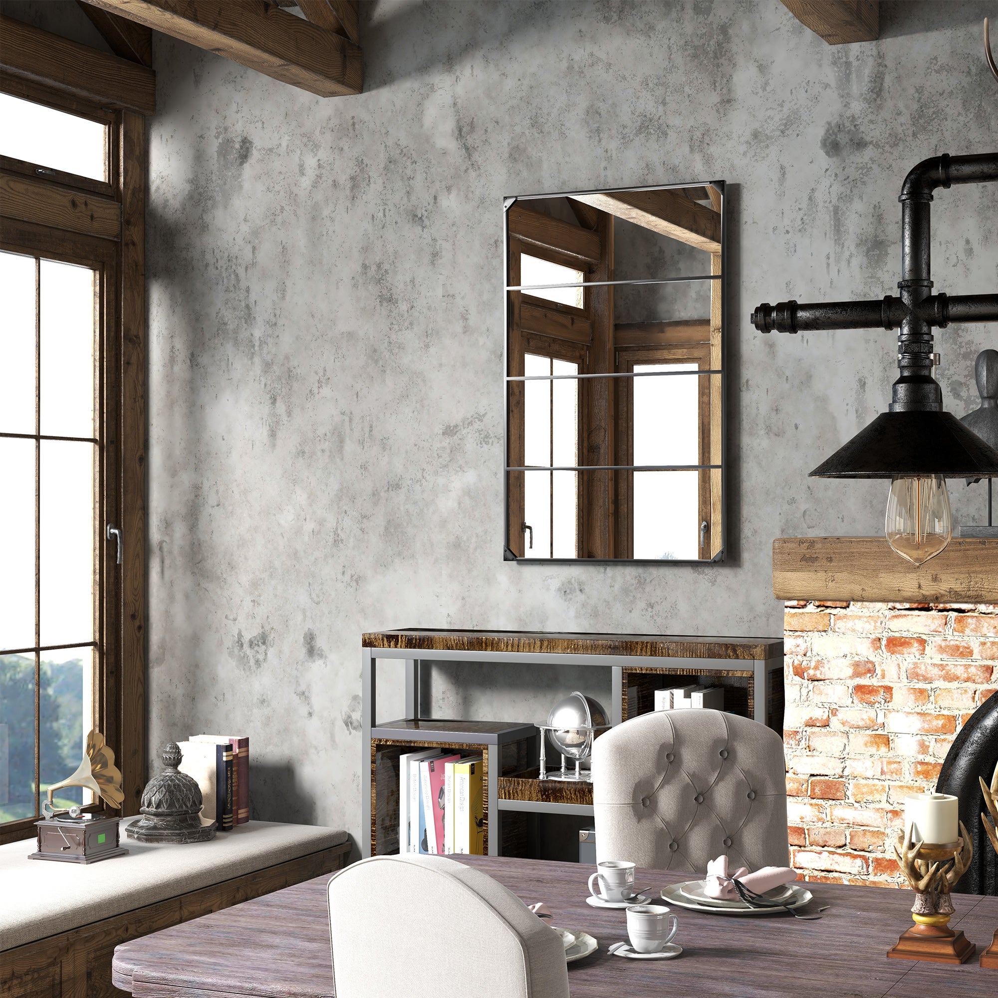 Miroir mural verrière rectangulaire style industriel,horizontal ou vertical avec 4 crochets,en métal noir 109x69cm - 9