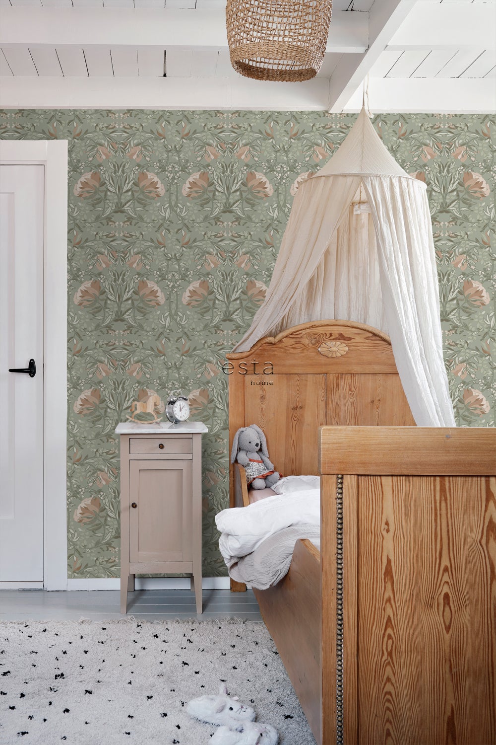 Papier peint fleurs vintage de style art nouveau vert grisé et vieux rose - 53 cm x 10.05 m - ESTAhome - 4