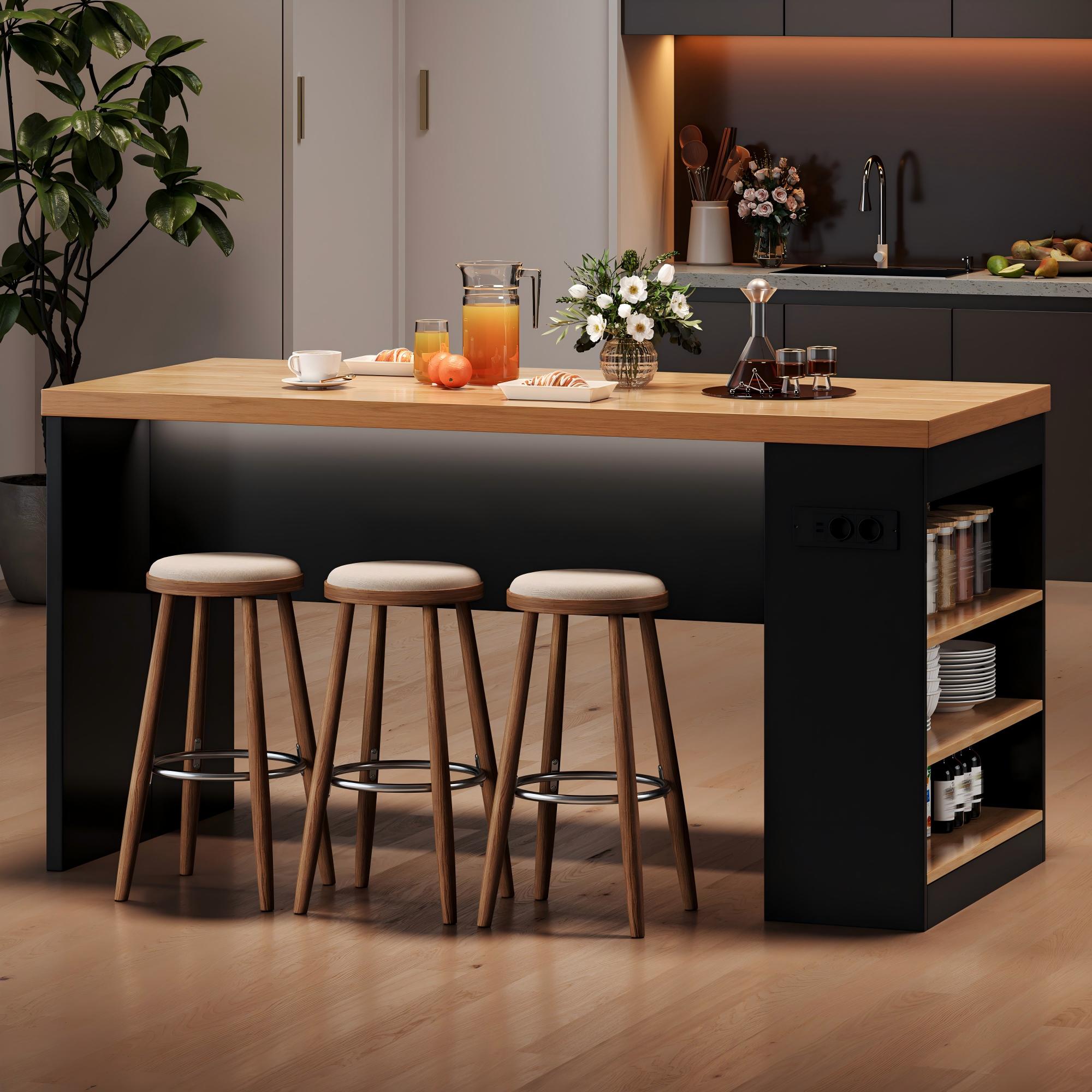 Îlot de cuisine 155x80x90 cm, table de bar avec LED, prises électriques et USB, 3 étagères, plan de travail 40 mm, MDF, noir - 2