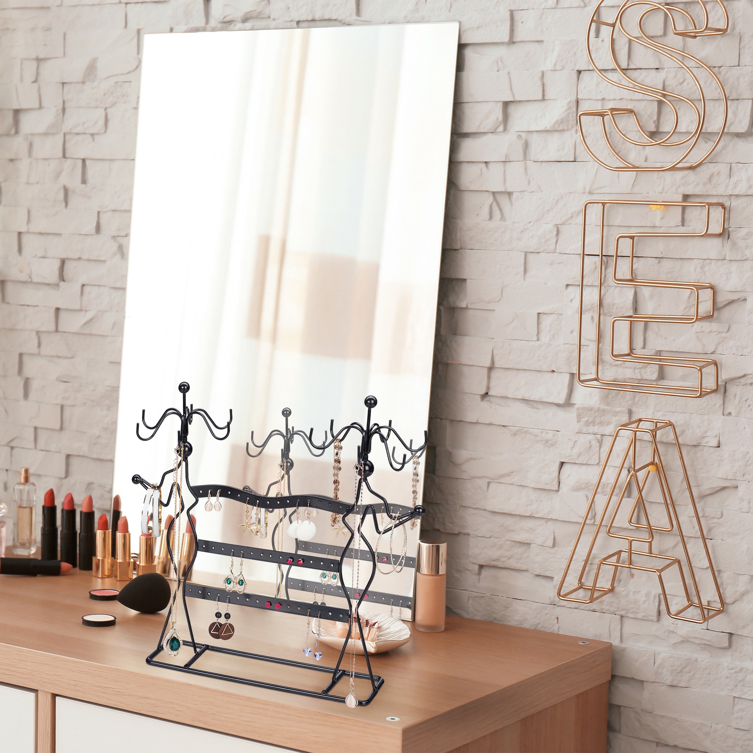 Présentoir à bijoux, rangement pour colliers, boucles d’oreilles, bracelets, rotatif, HxLxP 33x35x13 cm, noir, Relaxdays - 5