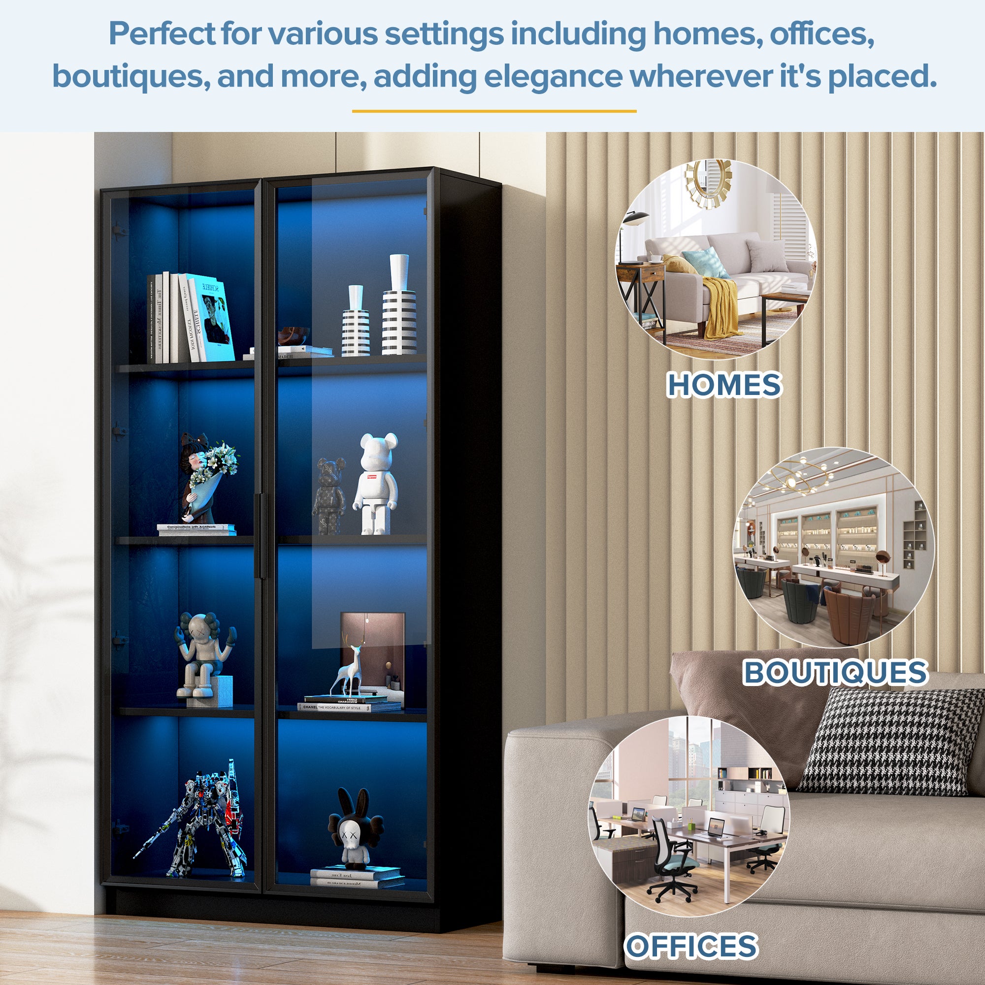 Vetrina con 2 ante in vetro - 80 x 40 x 160 cm - LED e ripiani mobili - Pannello truciolare - Nero - 6