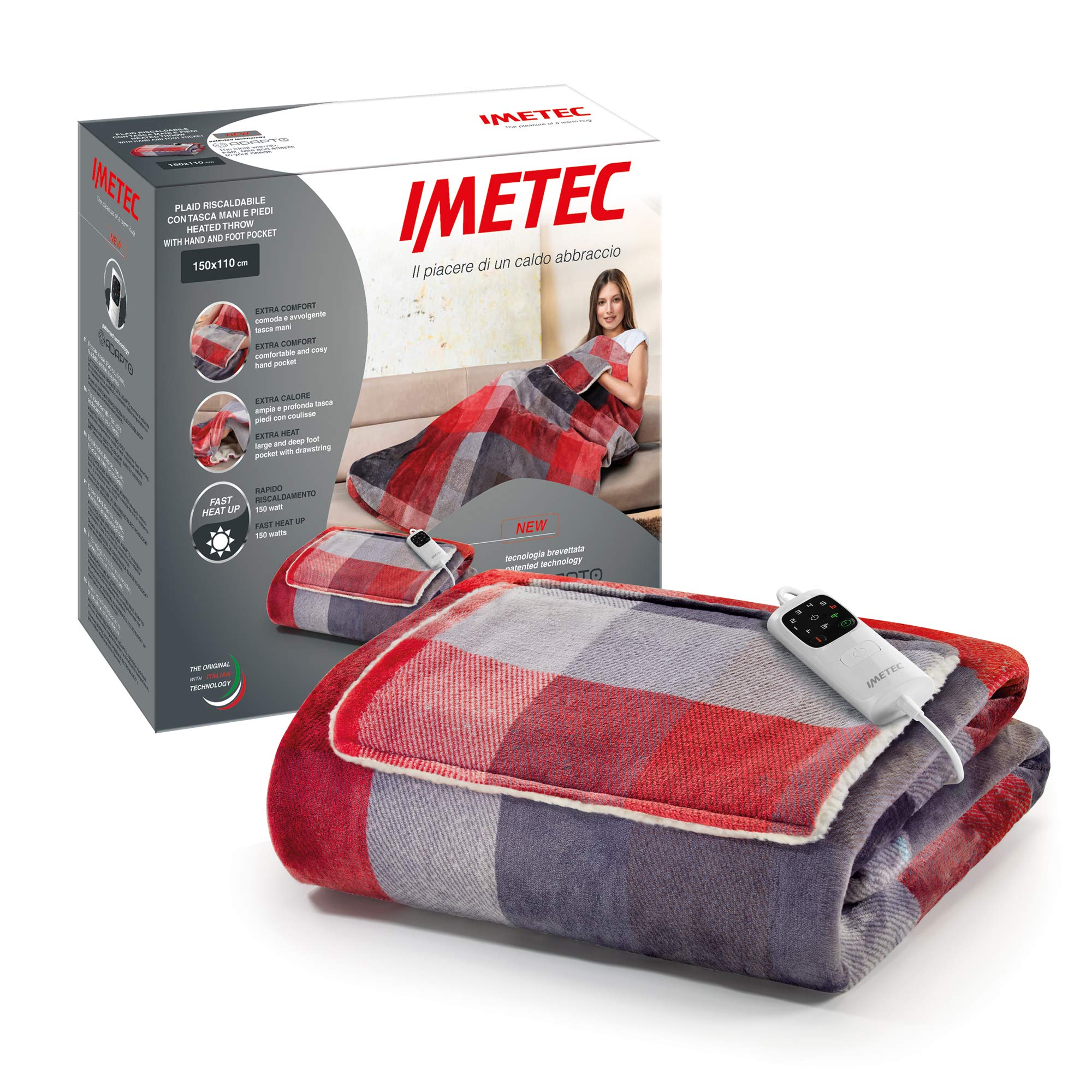 Imetec caldoplaid velvet tartan plaid riscaldabile con tasca mani e piedi, coperta elettrica 150x110 cm, basso consumo, tecnologia adapto, sicuro, rap