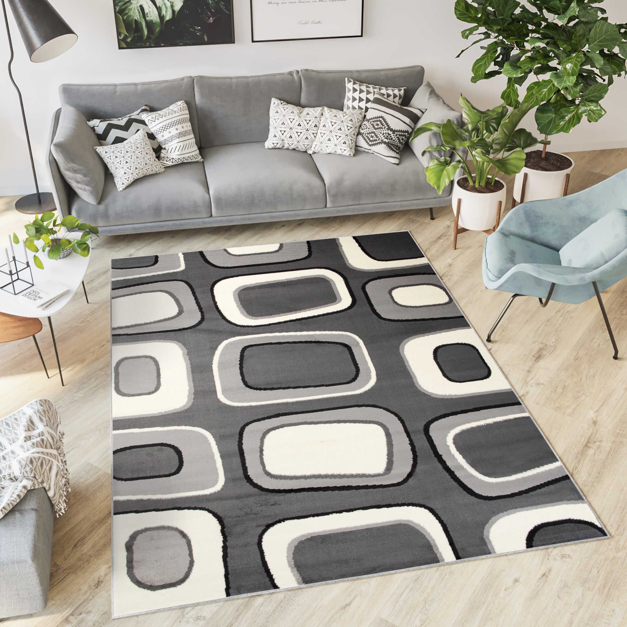 Tapiso dream alfombra salón dormitorio gris negro blanco geométrico piedras azulejos fina 130 x 190 cm