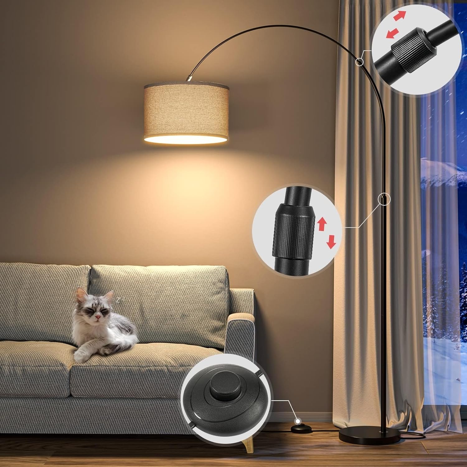 Lampadaire Arc 165-180 cm, Lumière Douce 3000K, LED E27 9W Incluse, Abat-Jour en Lin Beige, Éclairage Chaleureux pour Salon, Chambre, Bureau - 4