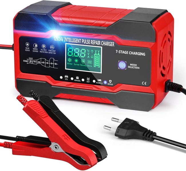 Ładowarka akumulatorów samochodowych 10 A 12 V/24 V, inteligentna ładowarka do samochodów i motocykli z ekranem dotykowym LCD i 5 trybami automatyczn