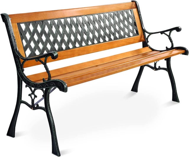 Banc de Jardin Mobilier Extérieur 125 cm en Fonte Siège à Lattes Cadre en Bois Dossier en Plastique Capacité de Charge 210KG