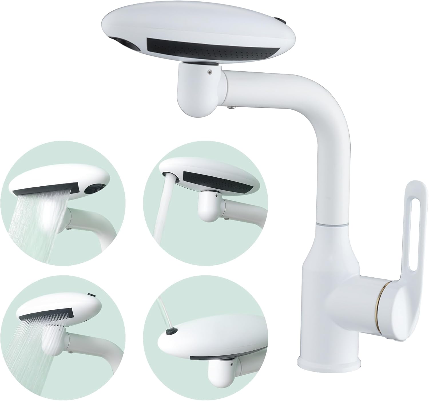 Biała bateria umywalkowa UFO ze stali nierdzewnej z kaskadą, wielofunkcyjna, 4 poziomy wody, obrót o 360°