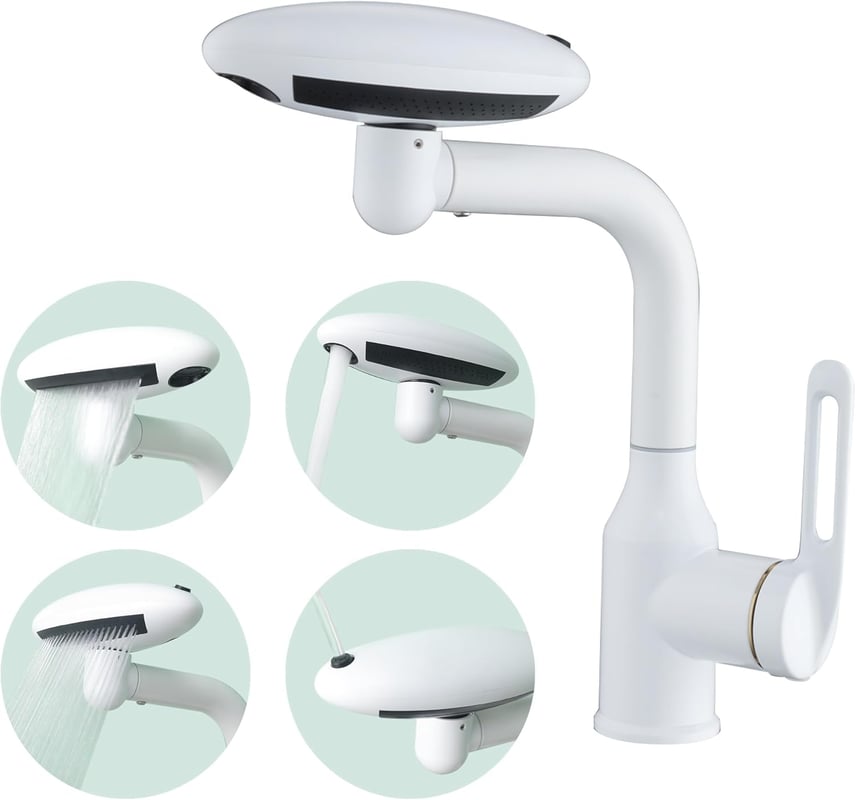 Biała bateria umywalkowa UFO ze stali nierdzewnej z kaskadą, wielofunkcyjna, 4 poziomy wody, obrót o 360°