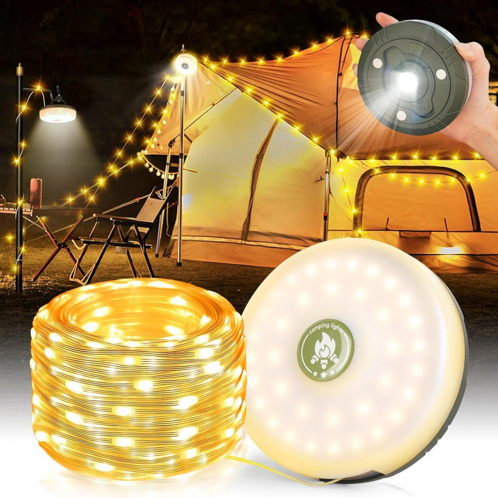 Microwear Guirlande Lumineuse Escamotable Camping,10M Guirlande Lumineuse Rechargeable Et Portable,2 En 1 Guirlandes Lumineuses De Camping Portables