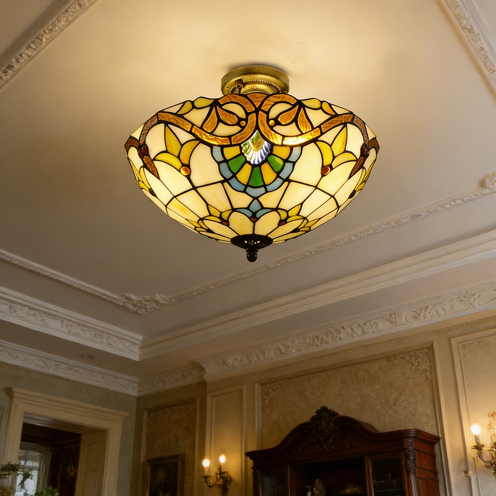 Plafonnier Tiffany, Lustre encastré, Suspension en verre, Éclairage d'entrée LED, Lampadaire LED rétro, φ40 cm (ampoule non incluse) - 7