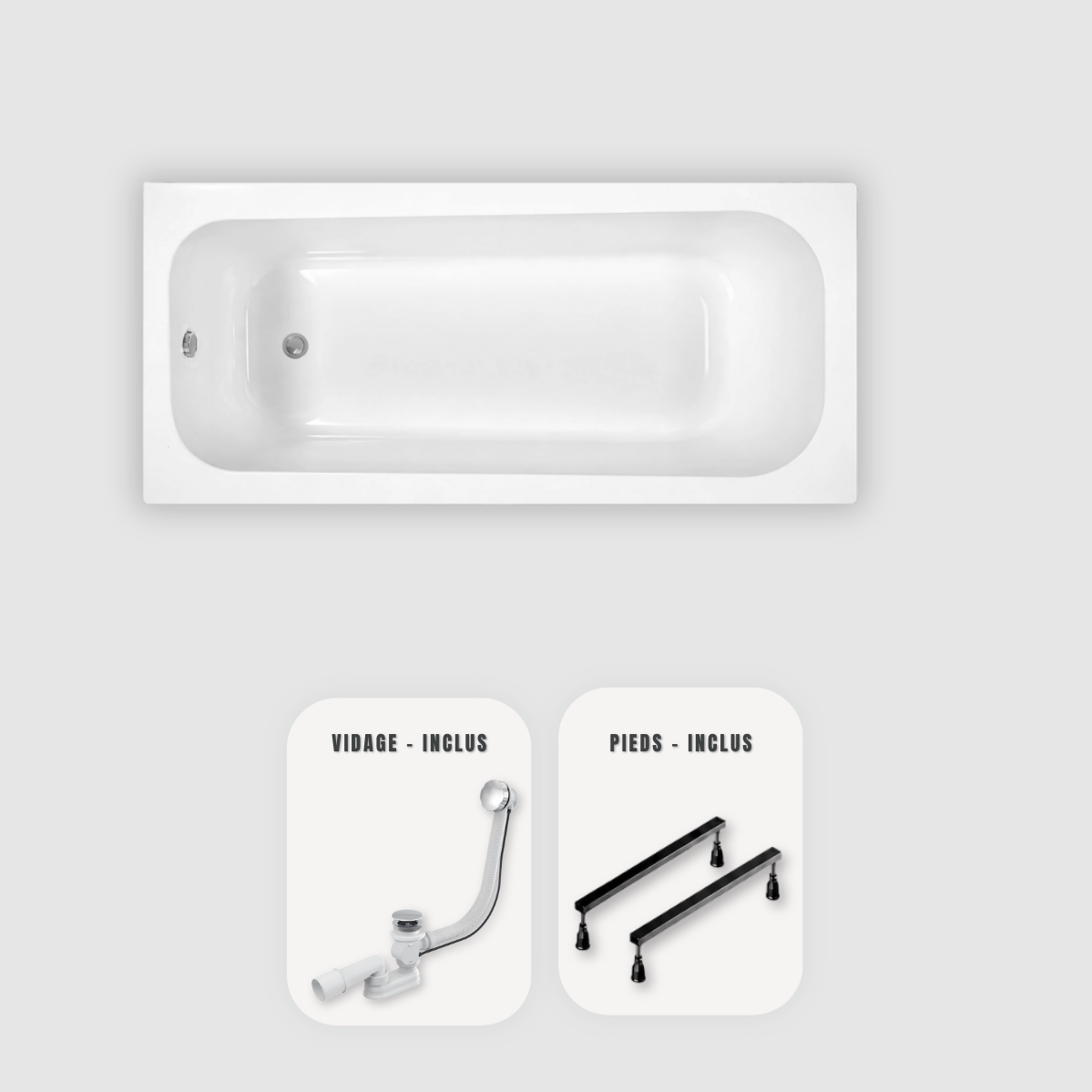 Baignoire rectangulaire blanche Slim 170x70 cm - Vidage chrome + pieds - OPTIKA - 2