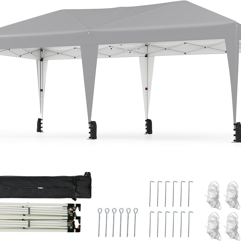 Namiot składany 6 x 3 m, przenośna altana ogrodowa z torbą na kółkach, 12 śledziami, 6 linkami przeciwwiatrowymi, 6 workami z piaskiem, szary