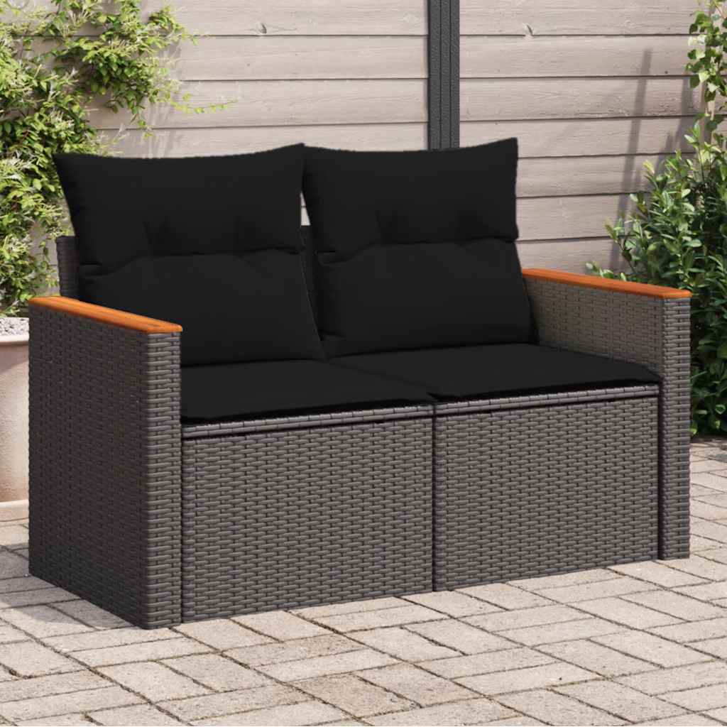 Sofa ogrodowa z poduszkami, 2-osobowa, czarna, polirattan vidaXL