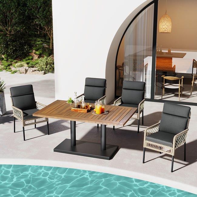 AUVYI Tavolo da giardino, 190 x 90 x 75 cm, in rattan e legno di acacia, nero, da cucina, da birra, da poker, da campeggio, da buffet, piccolo AUVYI Tavolo da giardino, 190 x 90 x 75 cm, in rattan e legno di acacia, nero, da cucina, da birra, da poker, da campeggio, da buffet, piccolo