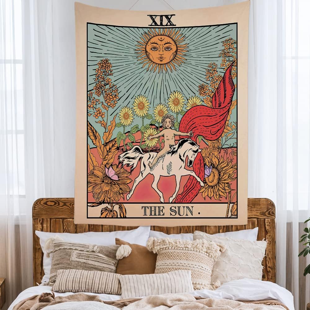 150 x 200 cm Tapisserie Murale Décorative Chambre - Soleil Nature Fleurs Tarot Horoscope Vintage Rétro - 150 x 200 cm Grand - Décoration Panoramique - 2
