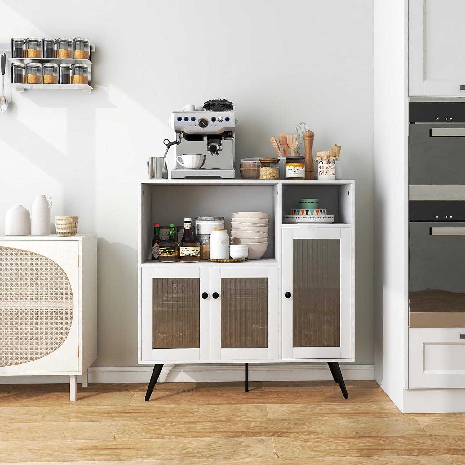 Credenza Moderna con Tanto Spazio, Mobile per Cucina con Ante in Vetro Temperato, Dispositivo Antiribaltamento e Ripiani Regolabili, per Sala - 2