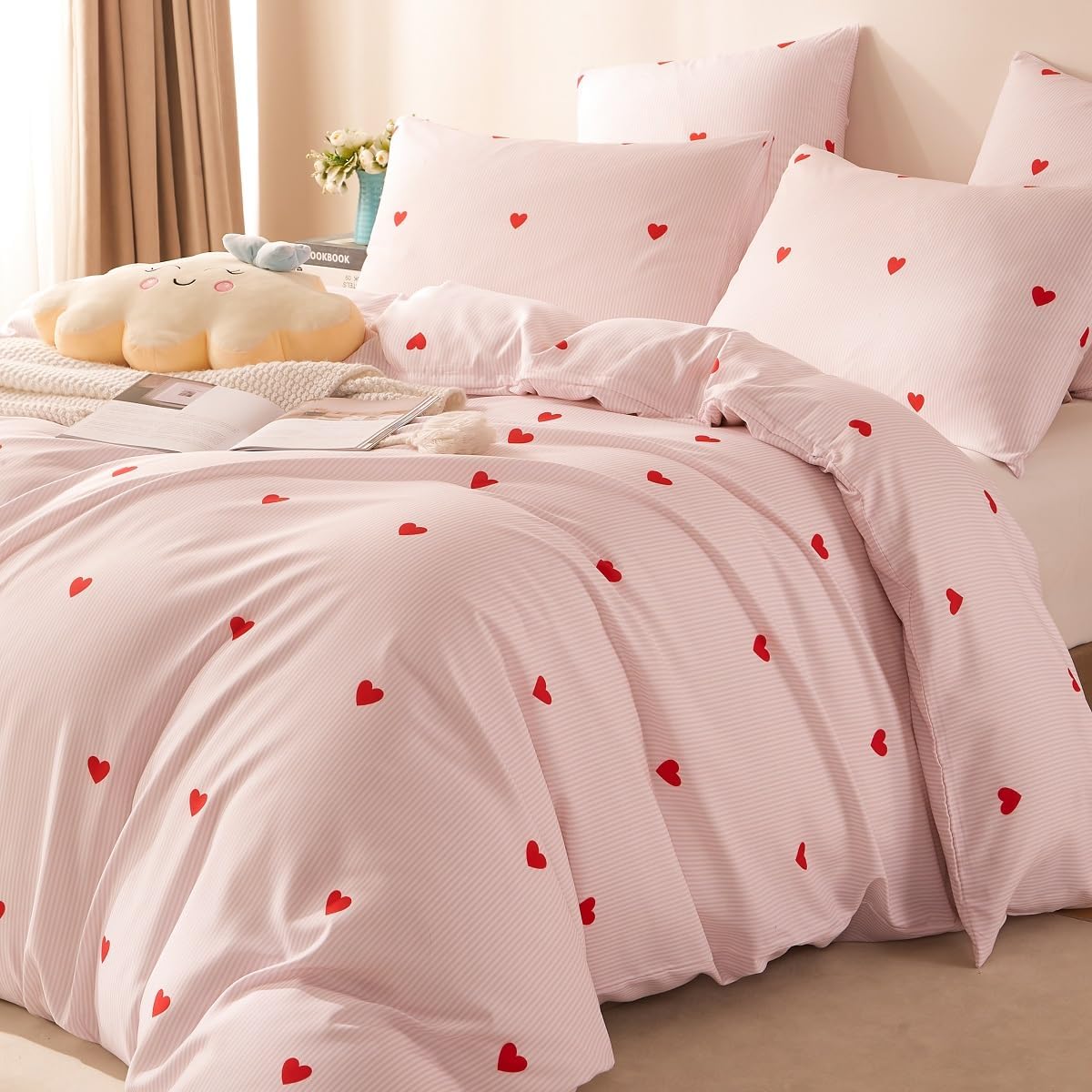 Odot Set Copripiumino 4 Pezzi, Set di Biancheria da Letto con Copripiumini, Lenzuola sopra e Federe, Set Biancheria da Letto Singolo Matrimoniale King (220x240cm,Amore Cuore