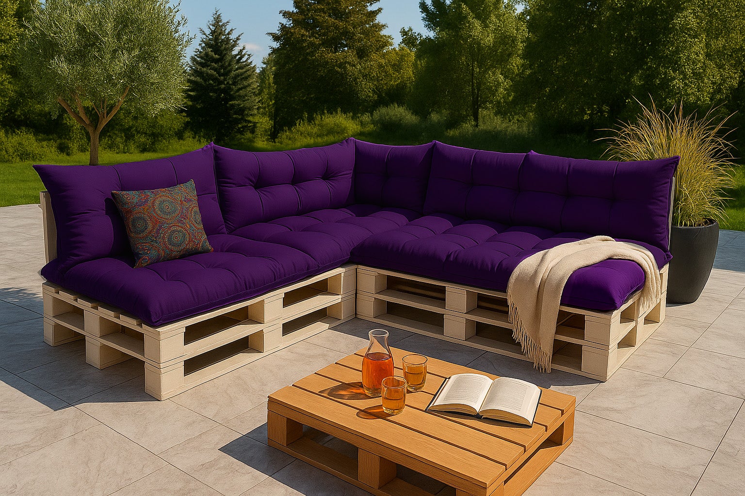 Lot de 7 coussins de palette, 3x assise 120x60 et dossier 120x40cm, lot de coussins pour salon de jardin Violet, coussin pour canapé de jardin - 3