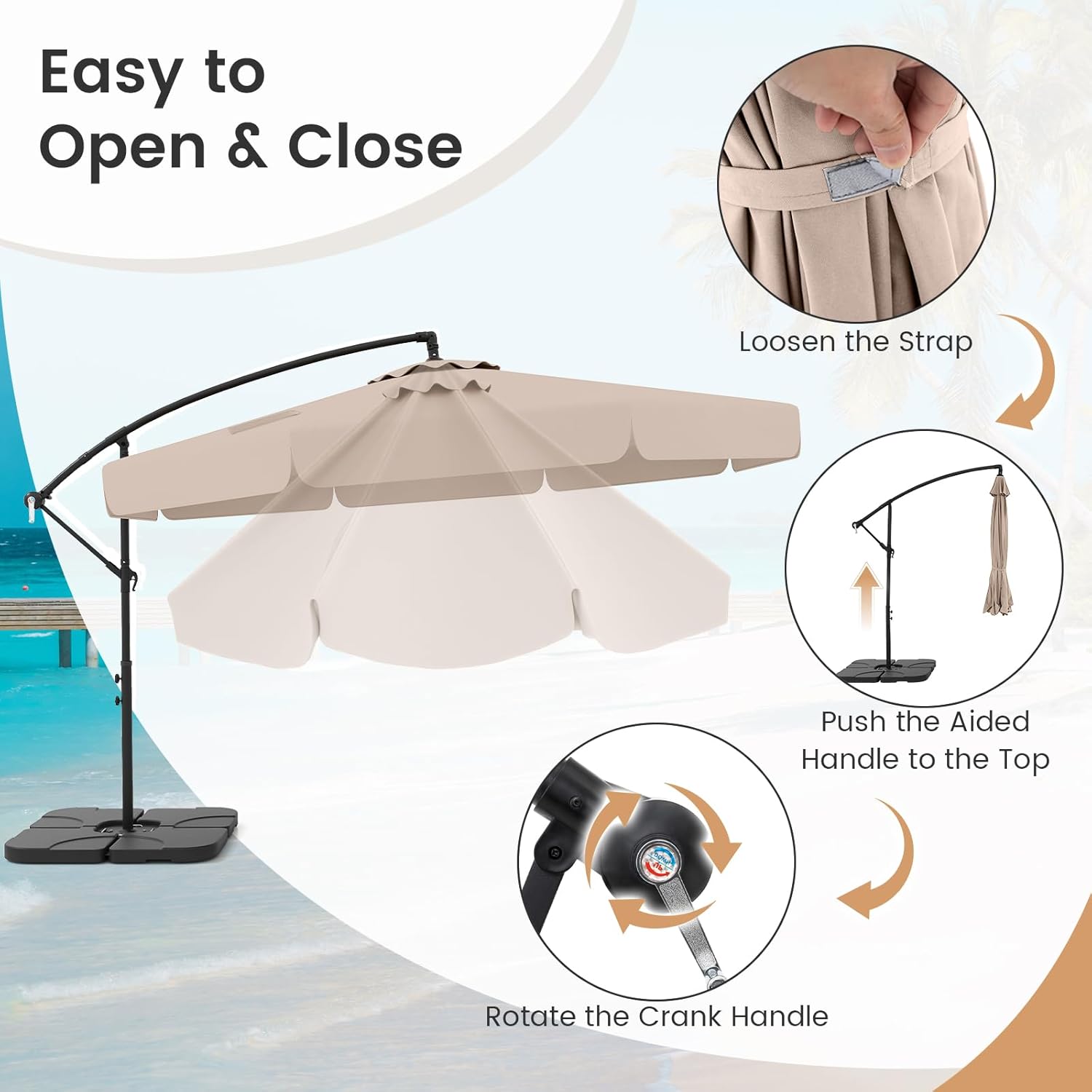 Parasol Déporté 3x3m avec Housse, Grand Parasol de Jardin Exterieur,8 Baleines et Base Croisée, Parasol Inclinable Suspendu avec Manivelle(Beige) - 5