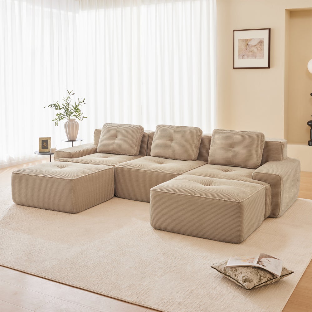 Sofa modułowa w kształcie litery U, sztruks, z pufem, 3-osobowa, beżowa
