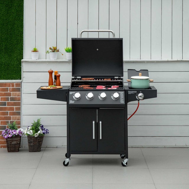 Grill gazowy 4 palniki, 3 kW na palnik, mobilny wózek na kółkach, stoliki boczne, 132,4x55x109 cm