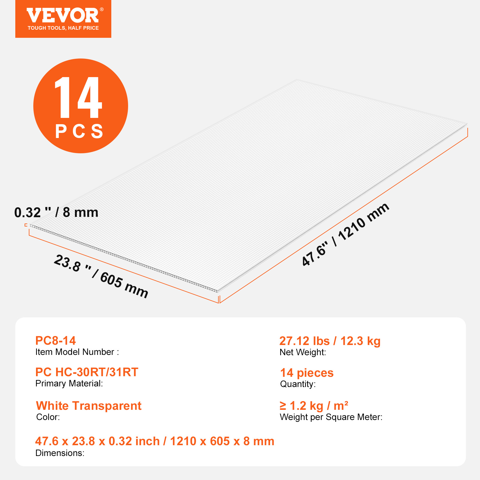 VEVOR Plaque Polycarbonate 1210x605x8 mm, Panneaux Toit Feuilles, Lot 14, Toiture Plastique Ondulé Imperméable, Protection UV, Résistant Chocs - 7