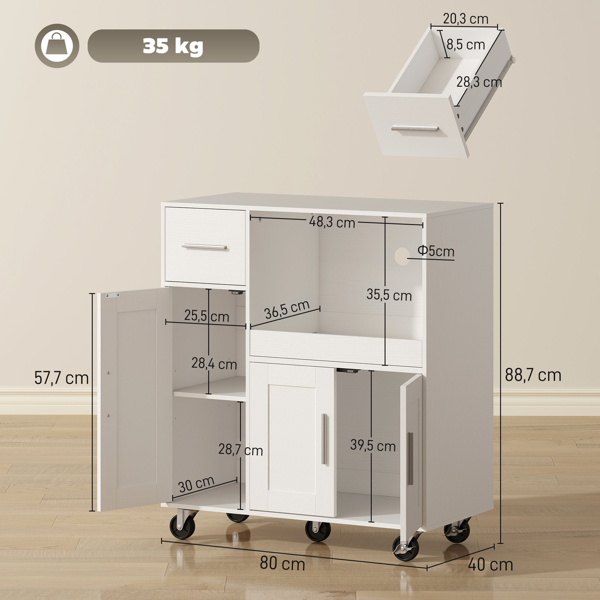 Desserte cuisine à roulettes, meuble micro onde, plateau coulissant, tiroir, placards 3 portes, 80x40x88,7cm, blanc - 5