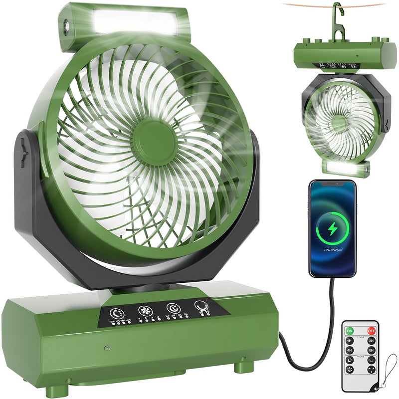 Przenośny wentylator kempingowy z oświetleniem LED, 4 poziomy, 20 000 mAh, z pilotem i haczykiem, wentylator stołowy USB, zielony