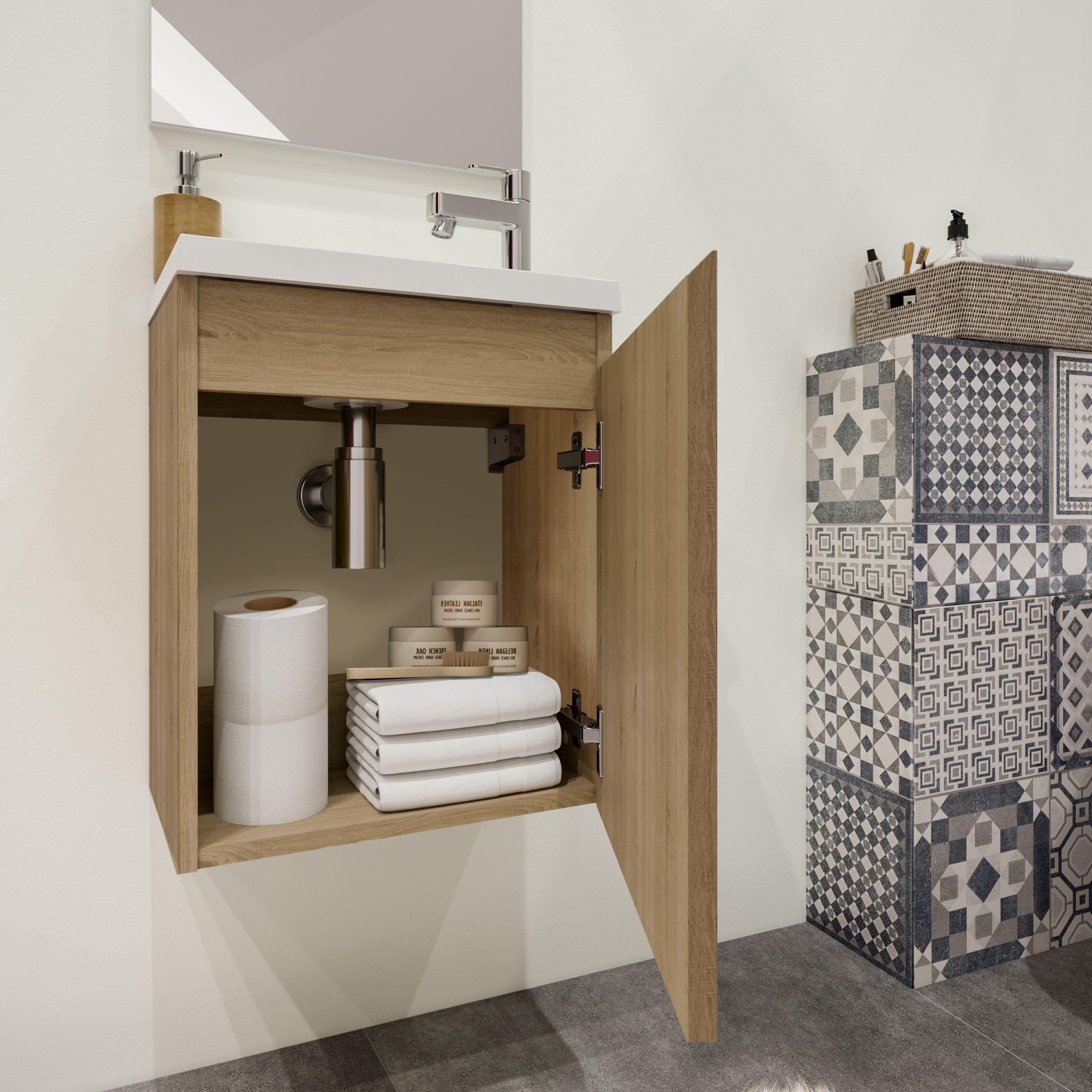 Ensemble meuble lave-mains avec miroir PORTO PACK - couleur chêne - L40 x H51 x P25 cm - 3