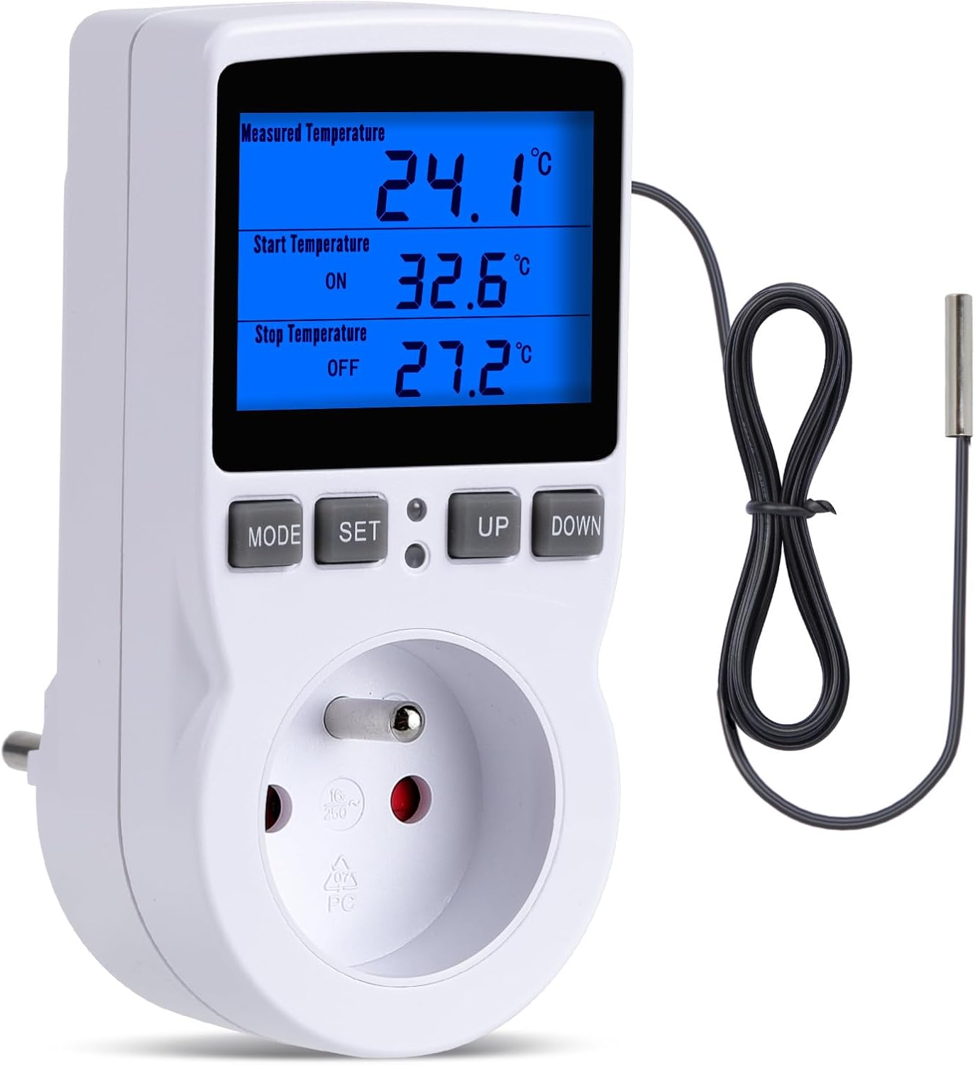 Termostat z gniazdkiem LCD z sondą – Kontrola ogrzewania/chłodzenia do terrarium, szklarni, dla gadów – Precyzyjna automatyczna temperatura