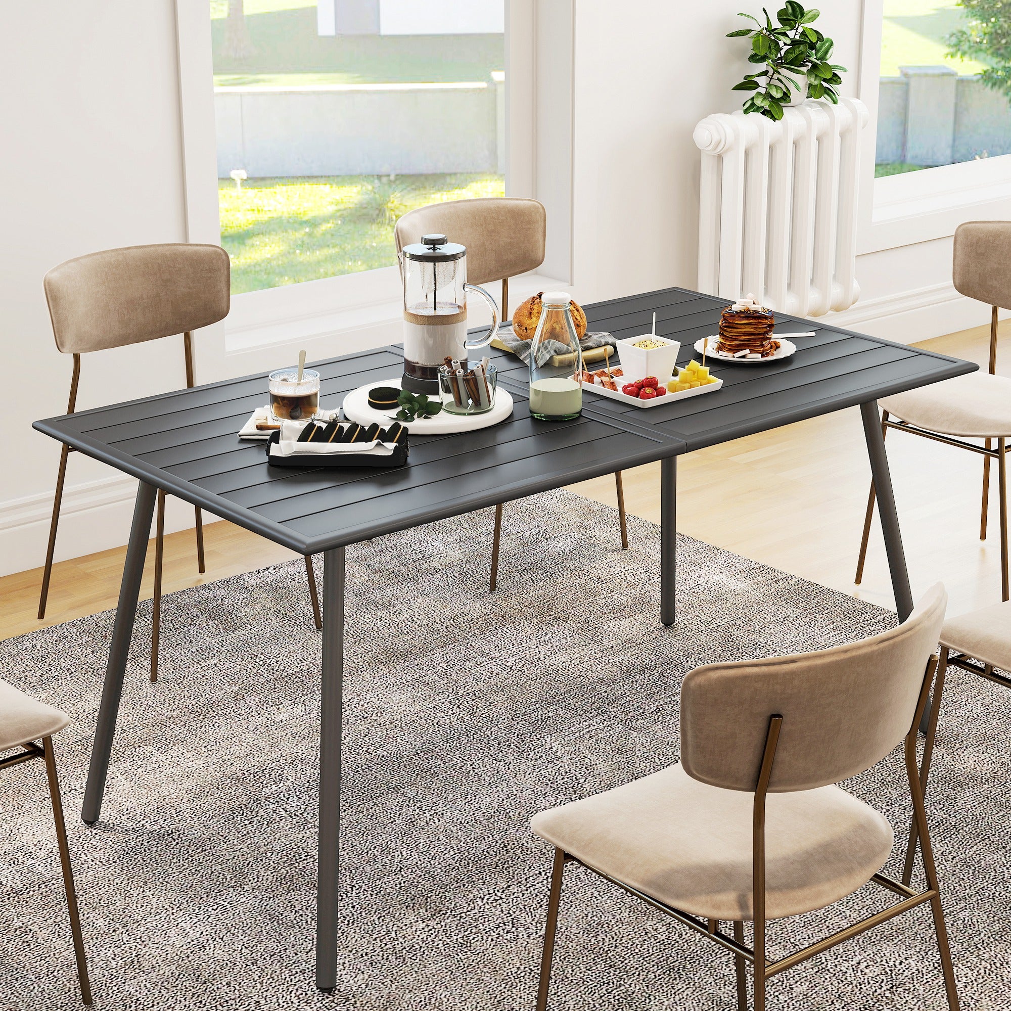 Table de jardin 6 personnes avec plateau à lattes, idéale pour jardin, patio ou terrasse. Dimensions : 150 x 80 x 74 cm, grise. - 9