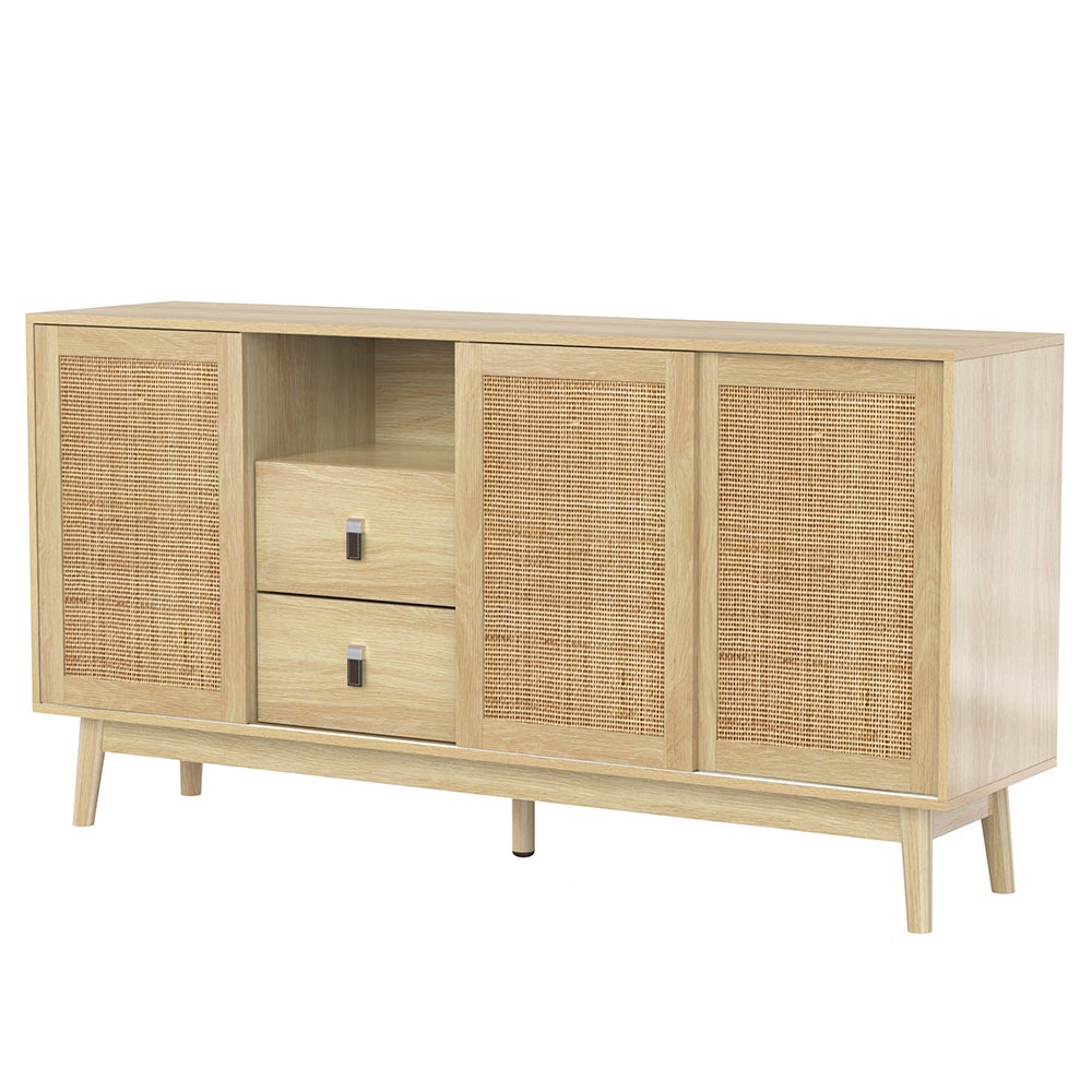 Buffet avec 3 portes coulissantes en rotin véritable et 2 tiroirs - 4