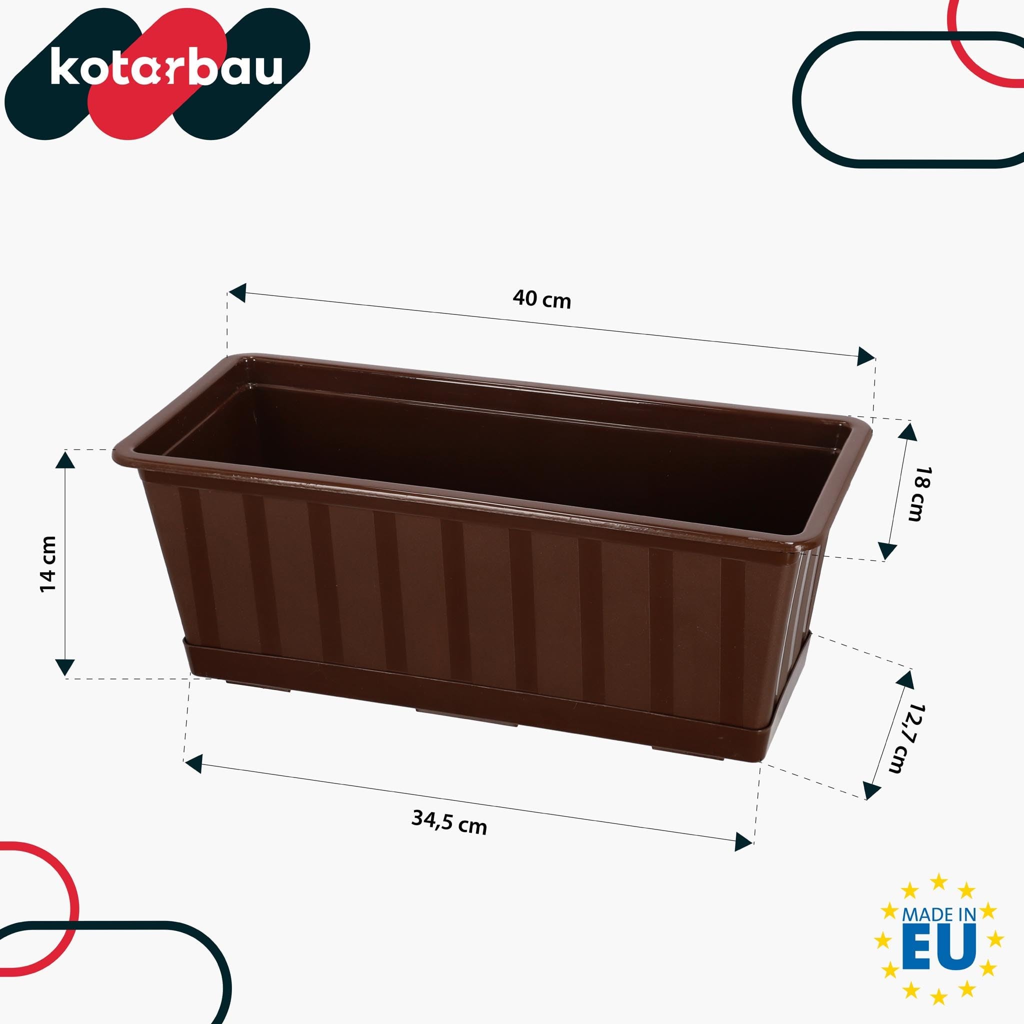 Doniczka - Skrzynka Balkonowa - 40 x 18 x 14 cm - Skrzynia na Balustradę Balkon - Donica z Podstawką - Brąz KOTARBAU - 3