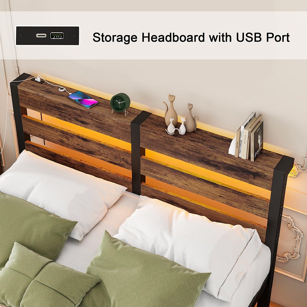 Łóżko dla dorosłych z oświetleniem LED i stacją ładującą USB, metalowa konstrukcja, materac nie wchodzi w skład zestawu, brązowe - 120 x 200 cm - 9