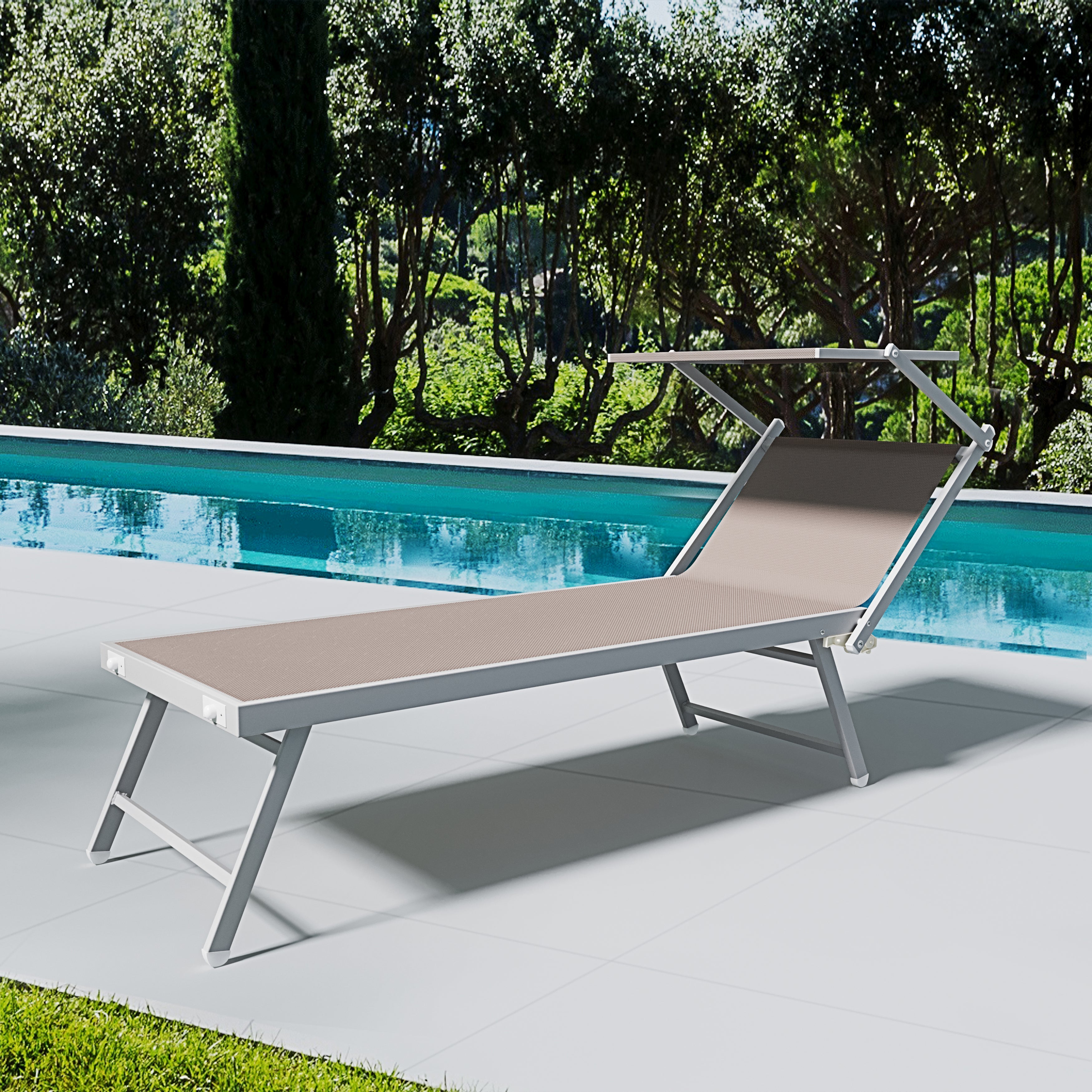 Lettino Prendisole Pieghevole Professionale in Alluminio e Tessuto Textilene Tettuccio Orientabile Parasole Sdraio Mare Spiaggia 182x60x38 cm Tortora - 2