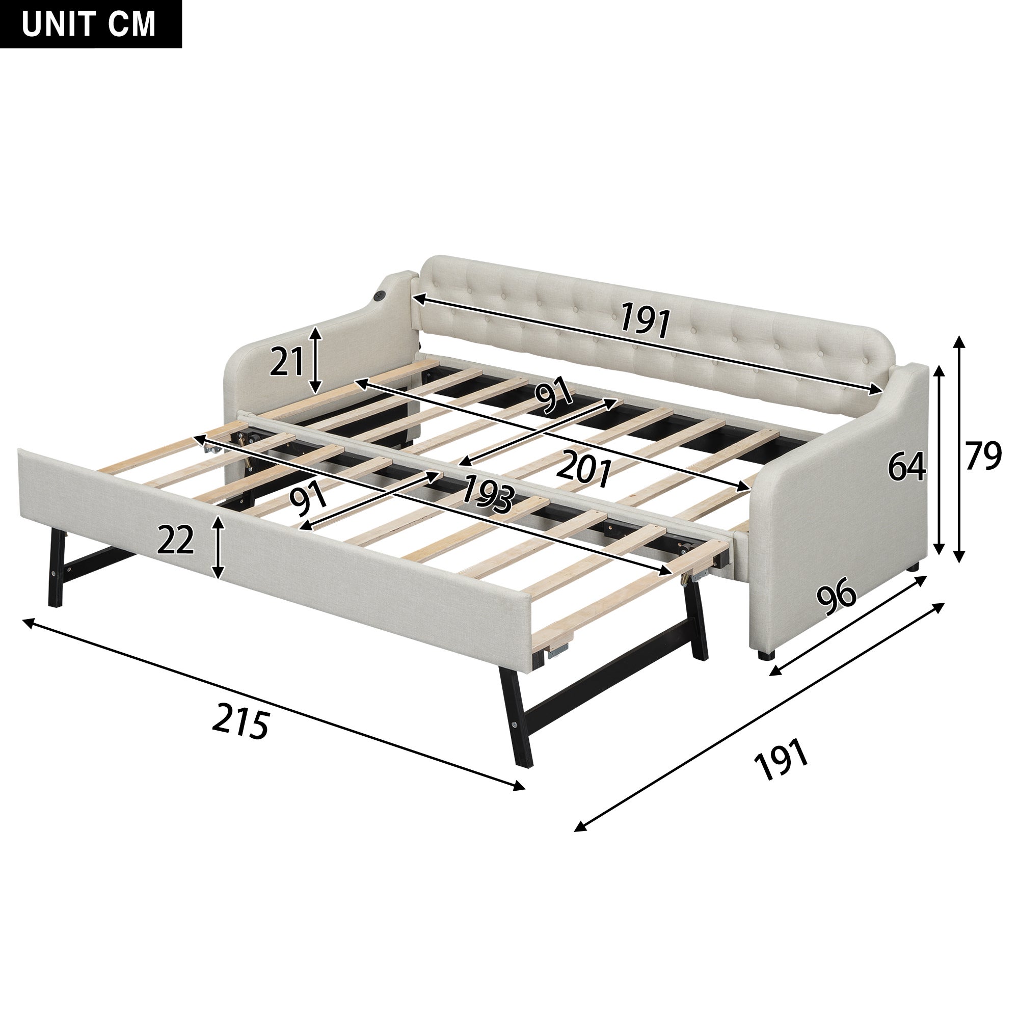 Lit gigogne 90x200cm - avec Port USB - tissu en Lin - Beige - 7